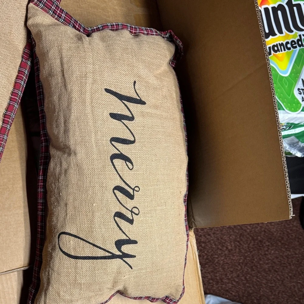 Holiday 'Merry' and 'Joy' Decorative Burlap Throw Pillows with Red Plaid Trim